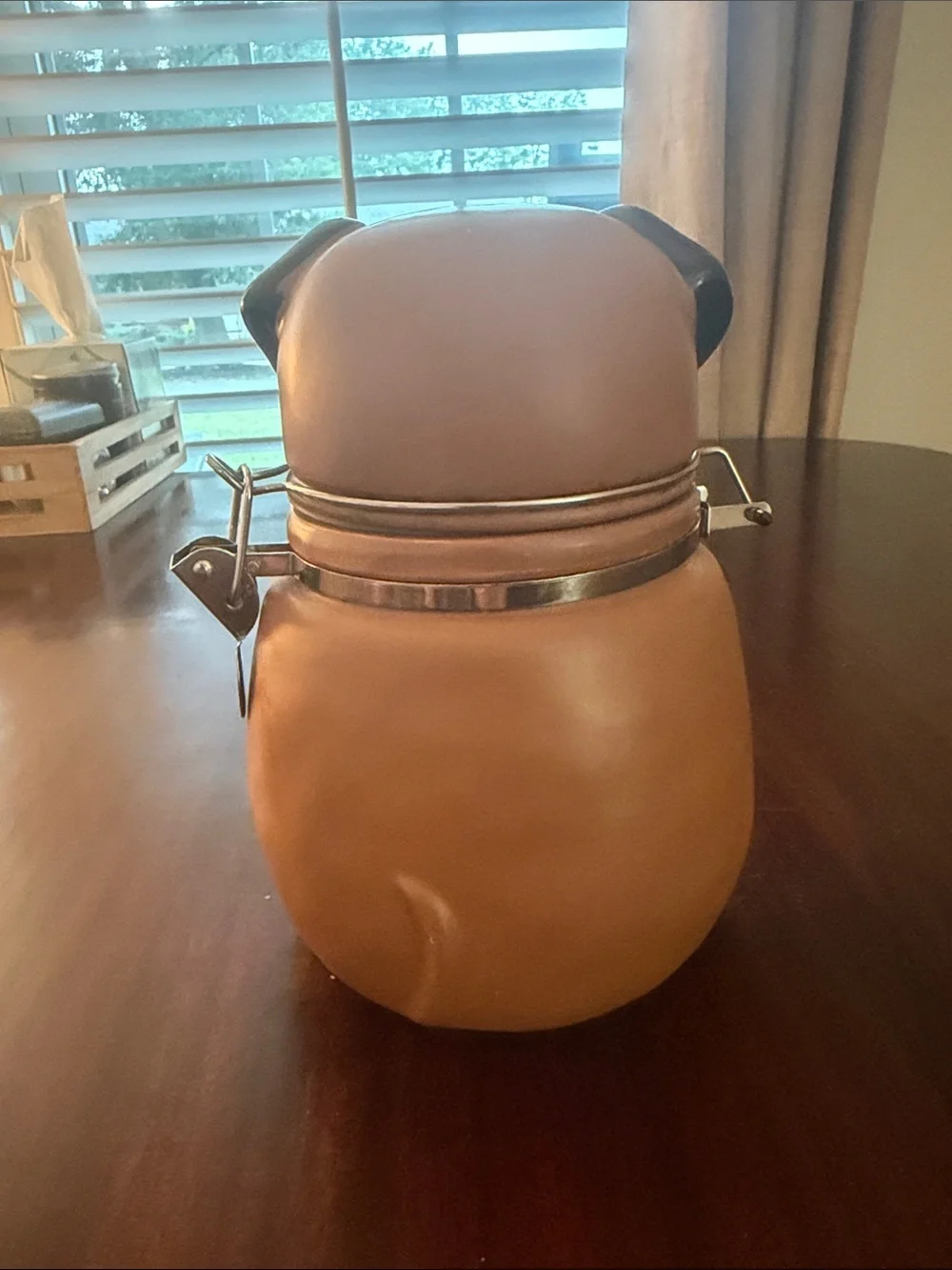 Ceramic Dog Treat Jar Canister w/ Airtight Clamp Lid Brown Puppy EUC